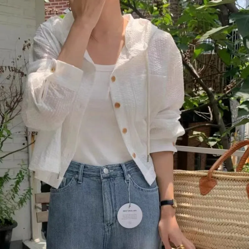 Summer Striped Loose Casual All-Match Short Long Sleeve Sun Protection Hooded Shirt Cardigan Top Korean Version Outfit for Women