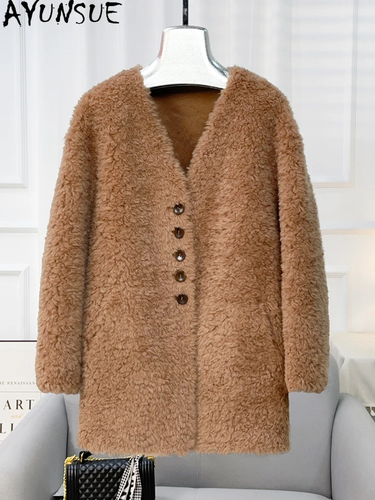 아윤수 100% 천연 양모 여성 코트 중간 길이 루즈핏 부드러운 양털 재킷 여성 의류 2025 신상 아우터 아브리고 무헤르