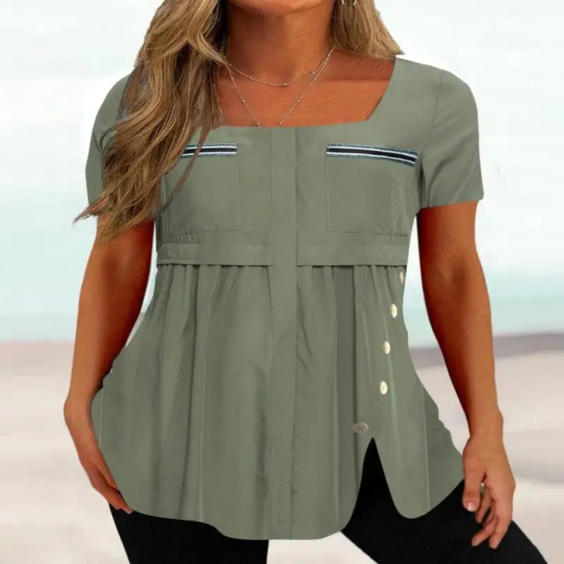 Top de talla grande para mujer, manga corta, cuello en U, costura sólida, botones