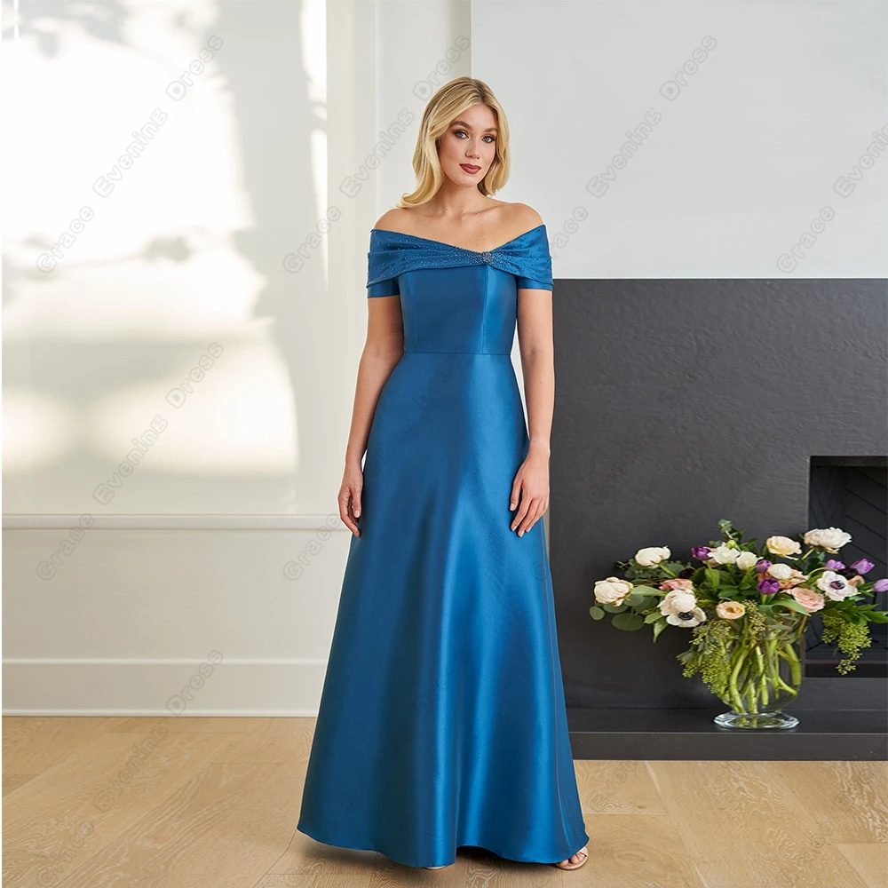 

Fashion Off Shoulder Mother of Bride Dresses with Beading Satin Wedding Party Gown Floor Length Vestido De Noche New Summer