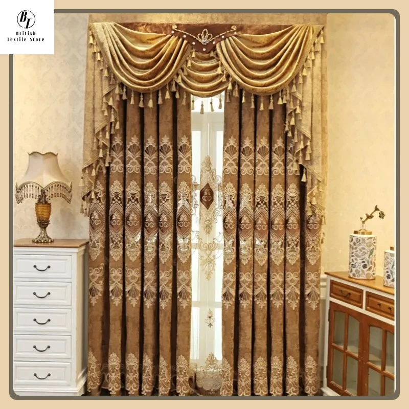 

European-style Luxury Curtains Living Room Bedroom Dining Room Balcony Custom Blackout Chenille Embroidered Brown Valance Decor