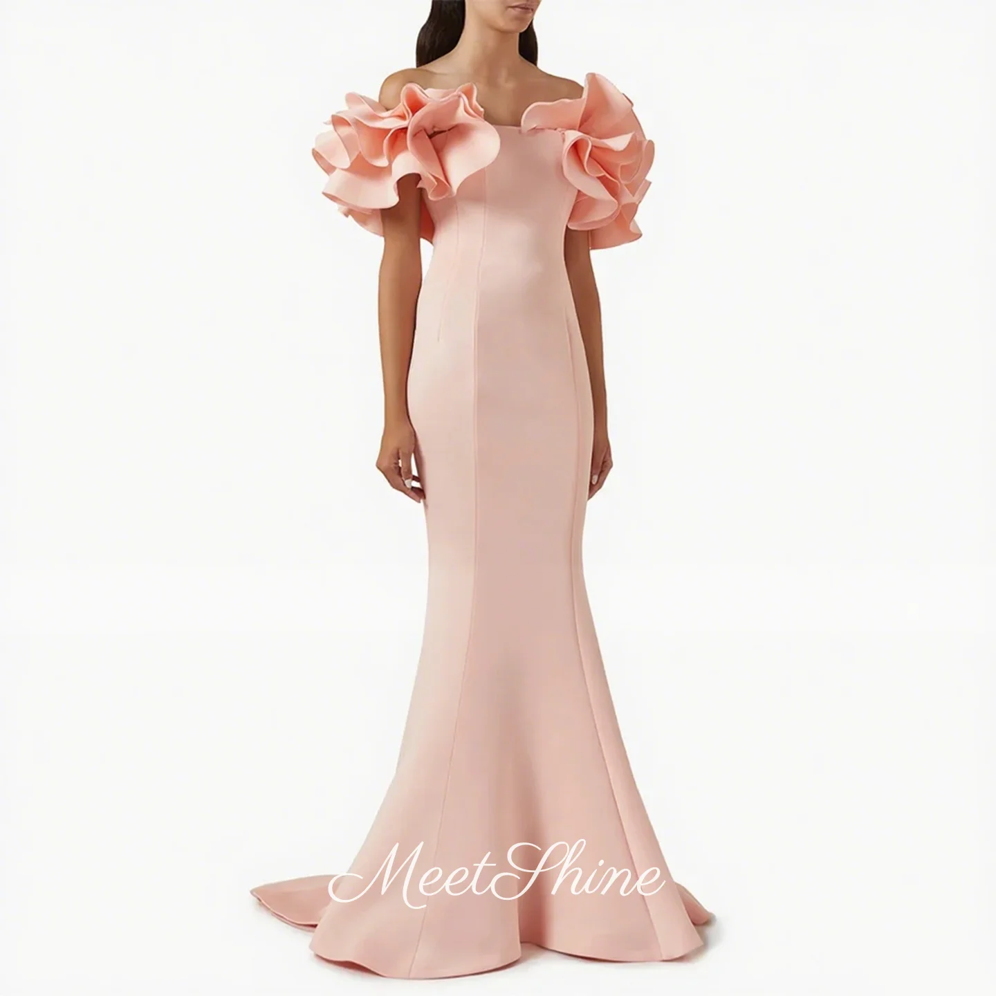 

Modern Pale Pink Off the Shoulder Ruffle Mermaid Evening Dress for Women Satin Sweep Train Formal Wedding Prom Dress Customized