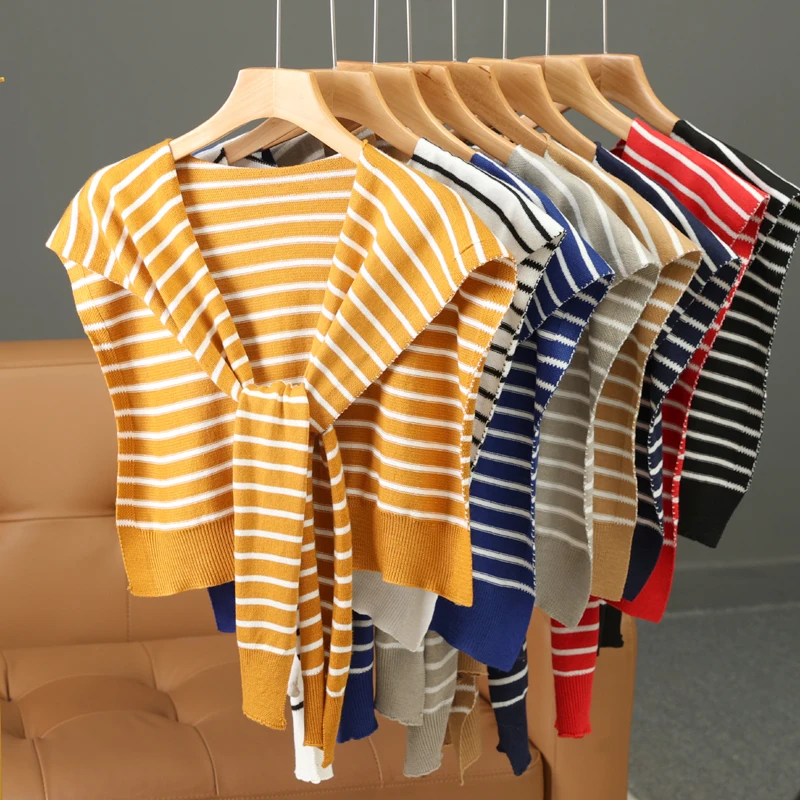 Scialle sottile da donna in maglia tripa, ideale per stanze con aria condizionata, colletto falso annodato multifunzionale, perfetto con camicie e gilet