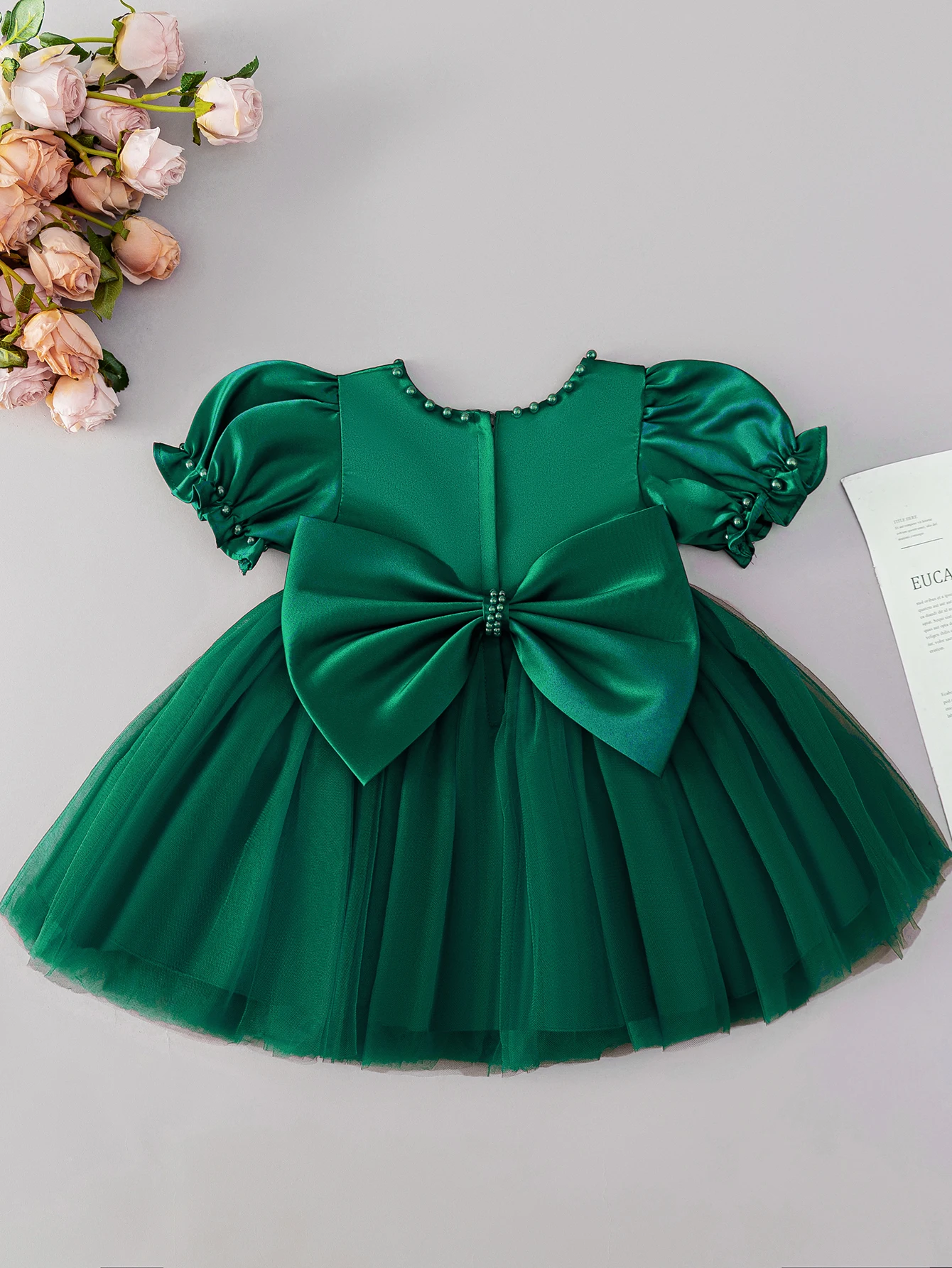 0-2 Years Old Baby Girl's Dark Green Bow Decoration Small Dress Birthday Party Vacation Veil Dress