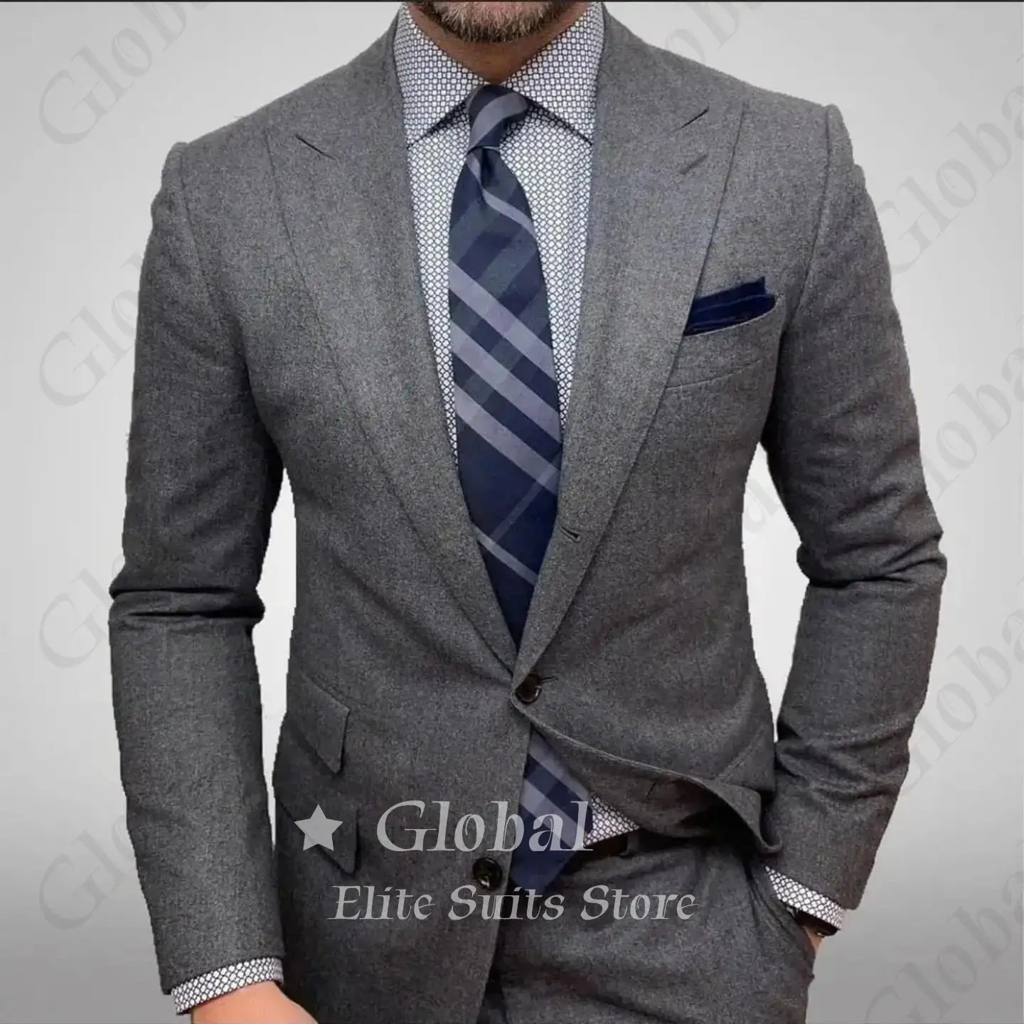 Men Dark Grey Wool Blend Suit 2 Piece Slim Fit Peak Lapel Blazer With Pants Casual And Formal Occasions Daily Wear Customized