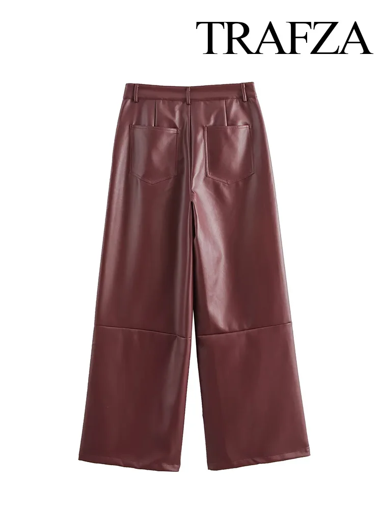 TRAFZA Women Fashion Versatile Solid Mid-Rise Leather Paneled Wide-leg Pants Female High Street Button Zipper Pocket Trousers