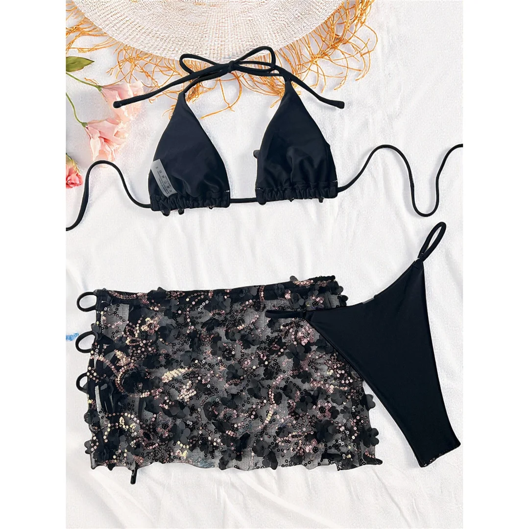 S - XL Dreiteiliges Bikini-Set mit Rock, Blumen, Pailletten, Damen-Bikini, Badeanzug, Badebekleidung, Badeanzug, Schwimmbekleidung V7864 – Detail 17