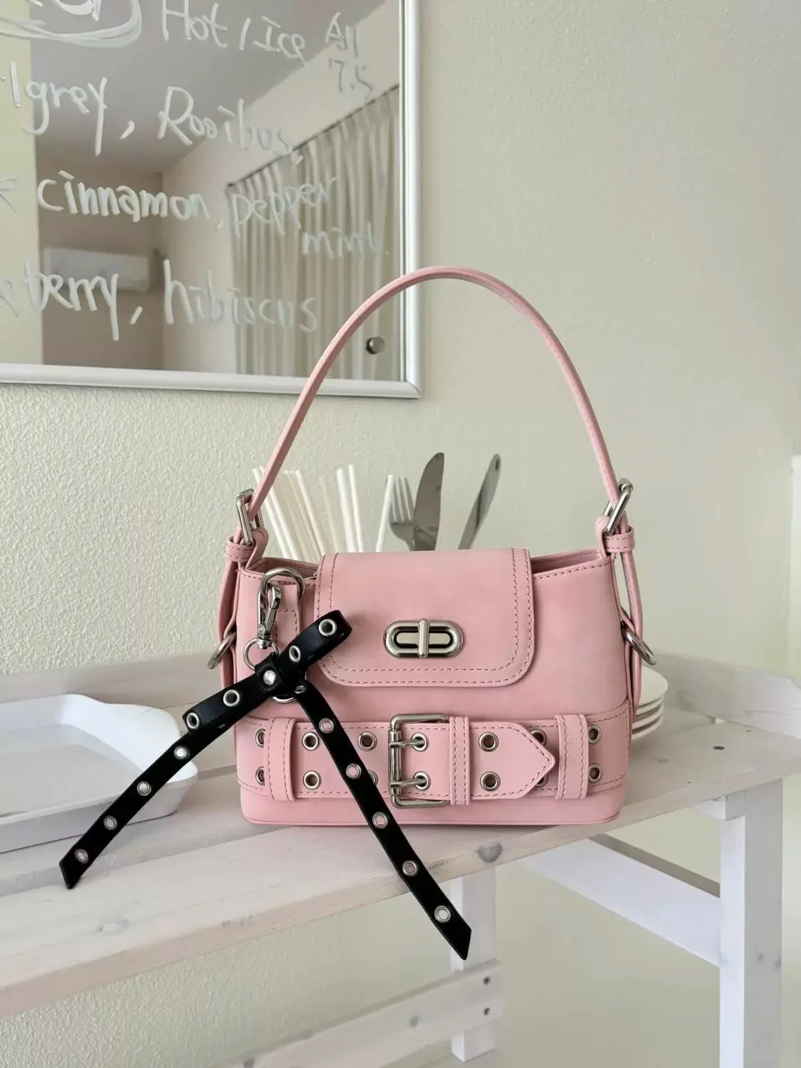 

Women 2025 Summer Pink Handbag Motor Style Fashion Y2k Underarm Bag Grunge Designer Shoulder Bags Large Capacity Punk Handbags