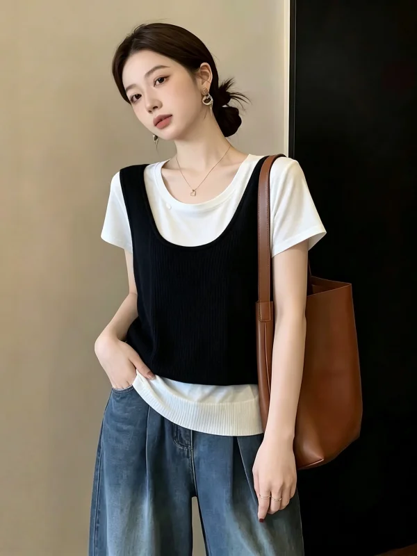 

Summer New plus Size Women's T-shirt Shoulder Length Short Sleeve round Neck Casual Slimming Top Korean Style Fake Two-Piece
