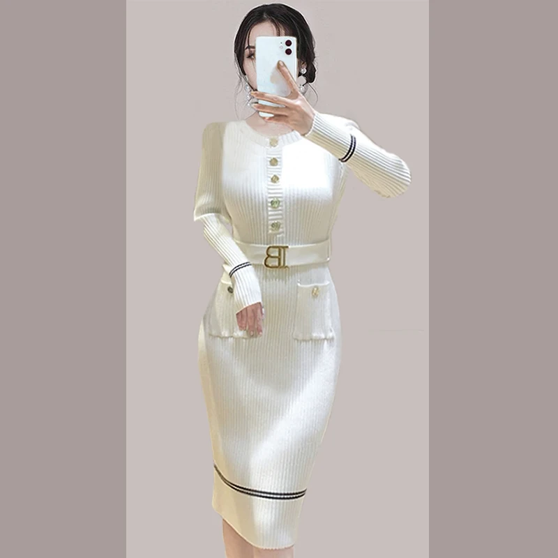 Fashion Dress for Women Women Knitted Dress Autumn Winter 2023 Elegant Elegant Midi Pencil Female O-neck Casual Ladies with Belt