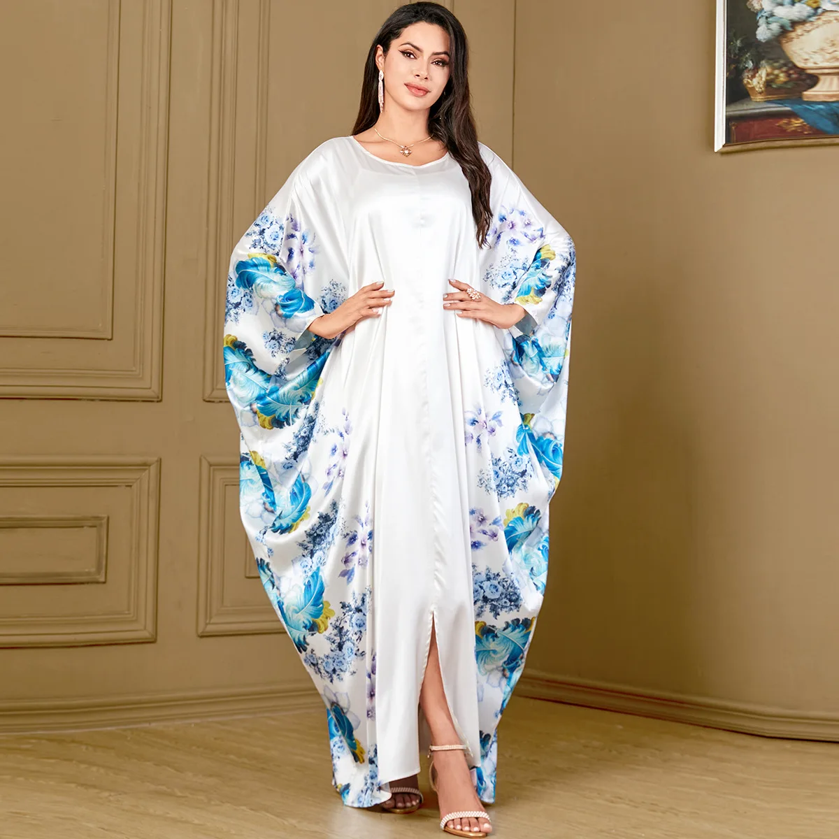 

Moroccan Caftan Kimono Abaya Muslim Woman Printed Casual Loose Bat Sleeve O-Neck Dress Kuwaiti Women's Jalabiya Islamic Clothing