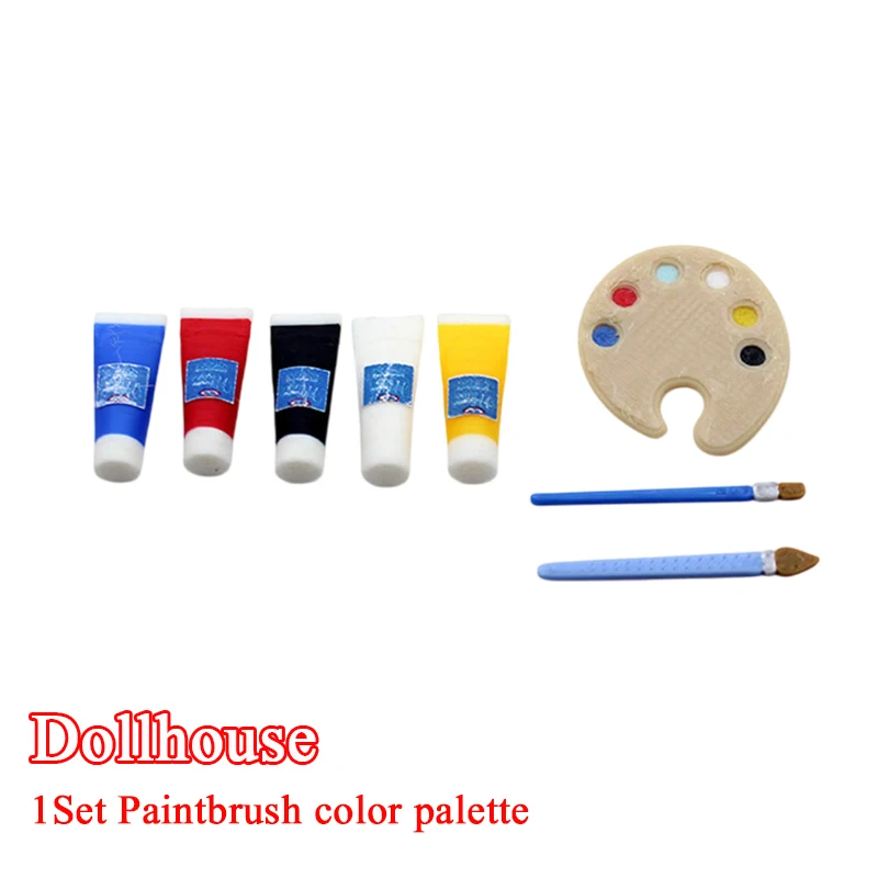 1/12 Poppenhuis Mini Pigment Buis Kwast Palet Model Poppenhuis Ladekamer Kunstbenodigdheden Decoratie Poppenhuis Accessoires