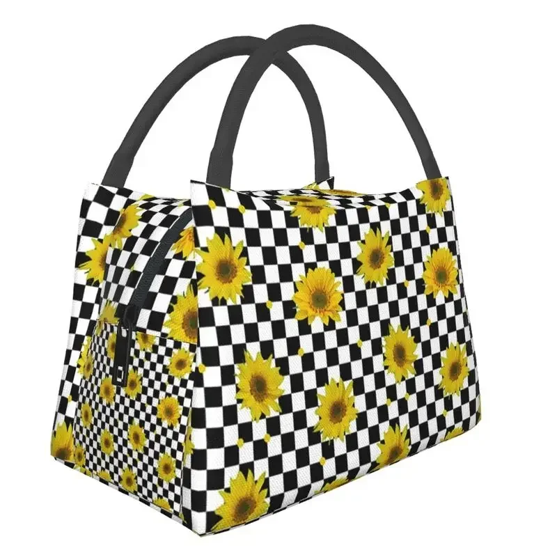

Sunflowers On Checkered Squares Insulated Lunch Bags for Women Beauty Floral Resuable Cooler Thermal Bento Box Hospital Office