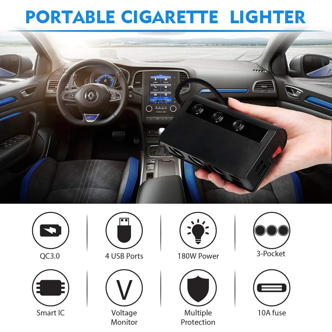 Car Quick Charge 3.0 Lighter Splitter 12V/24V 3- Socket 180W ON-OFF DC Power Car Splitter with 4-Port USB Car Charger