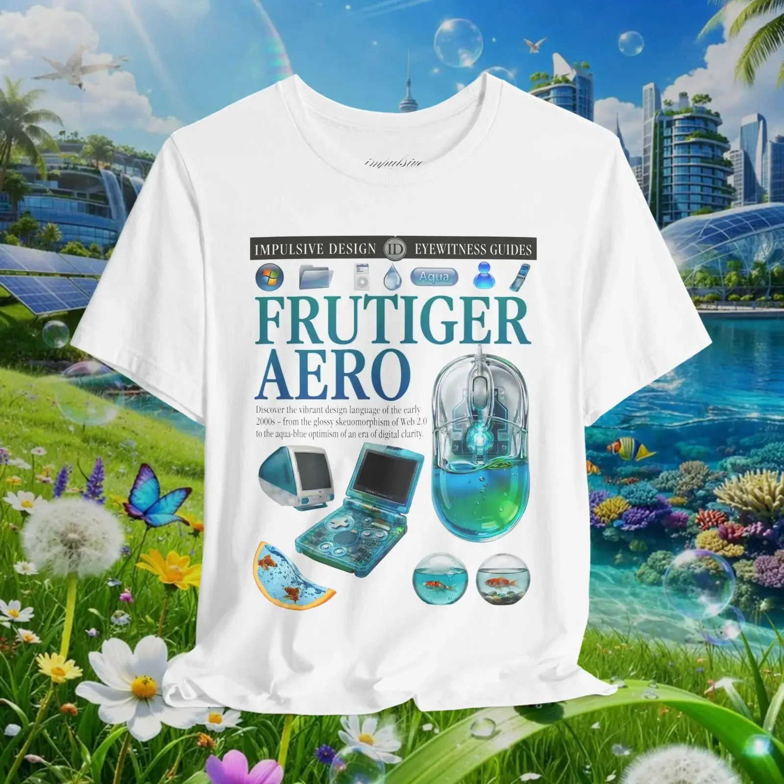 Frutiger Aero Y2K Aesthetic T Shirt Glossy Skeuomorphism Retro Tech Cybercore Web 2 0 Aqua Optimism Casual vintage Washed