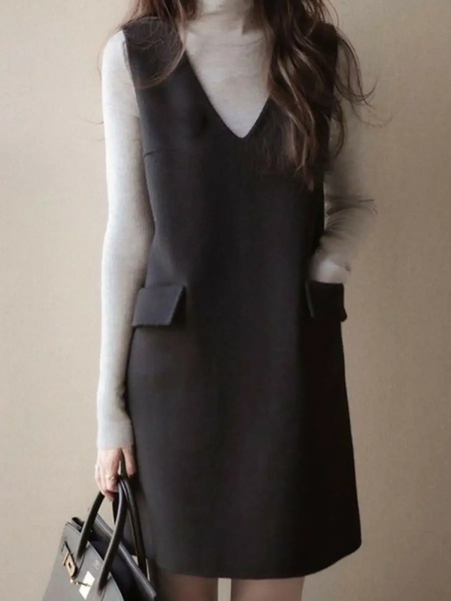 Elegancka kamizelka z dekoltem w serek, sukienka midi z warstwowymi ramiączkami, prosty krój, nowa kolekcja zimowa, uwodzicielska...