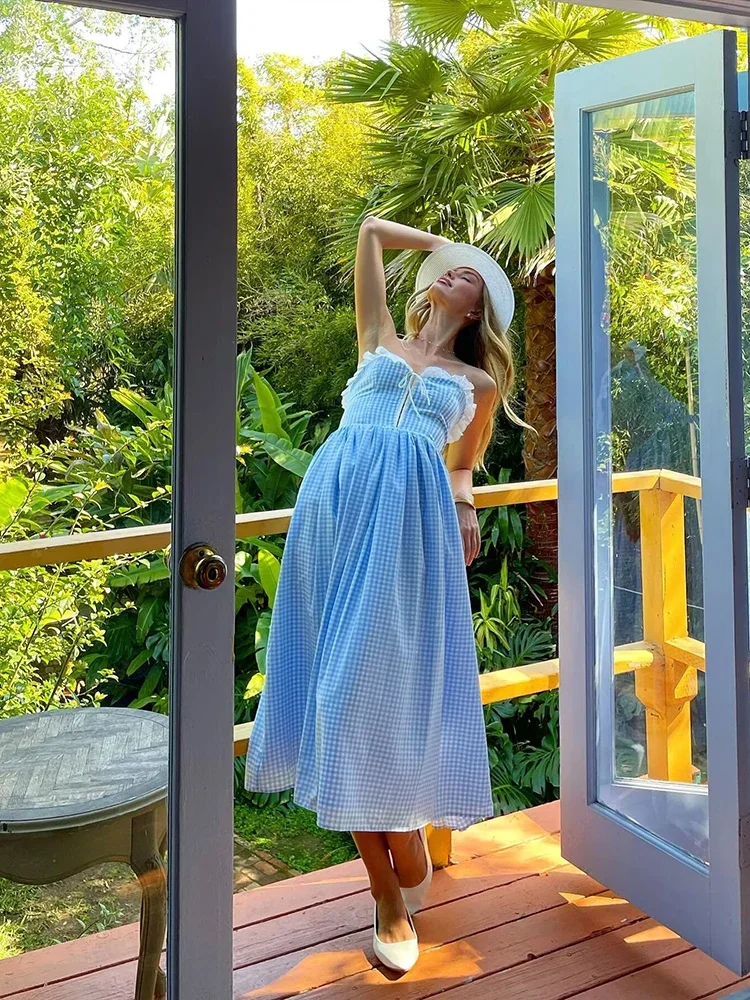 GypsyLady francuska elegancka w kratę Maxi Dresse niebieski czarny pasek elastyczny bez pleców seksowne letnie kobiety powołanie luźne sukienka damska