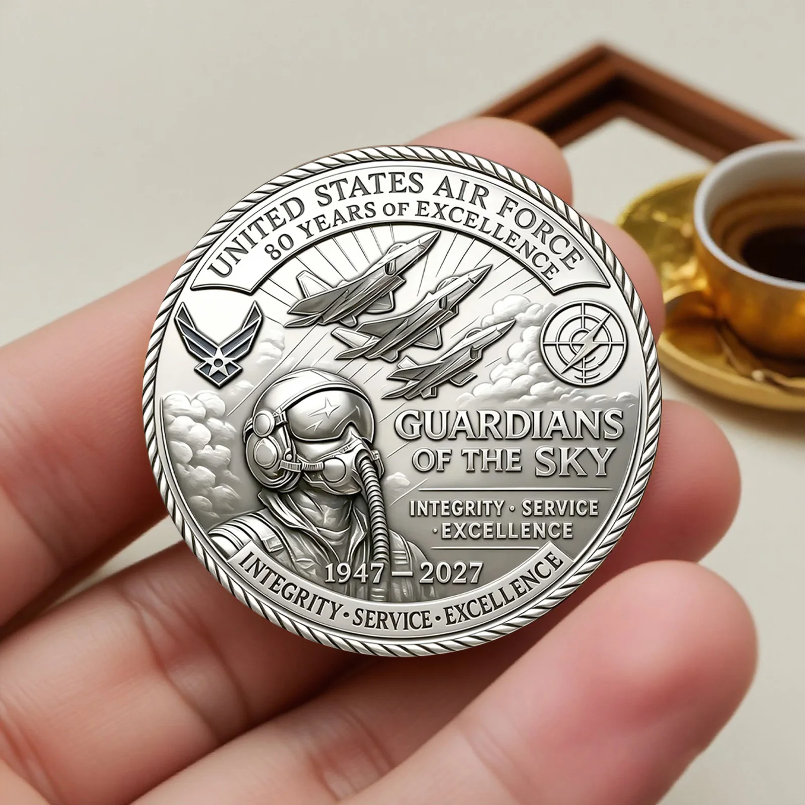 2D UV Air Force 80th Anniversary Souvenir Coin The Sky Pilot Fighter Jet Silvry Plated Commemorative Coin Home Decoration view 5