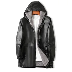 2023 Autumn/Winter New Mid length Hooded Men's Leather Jacket with Fleece and Thickened Business Casual Fashion