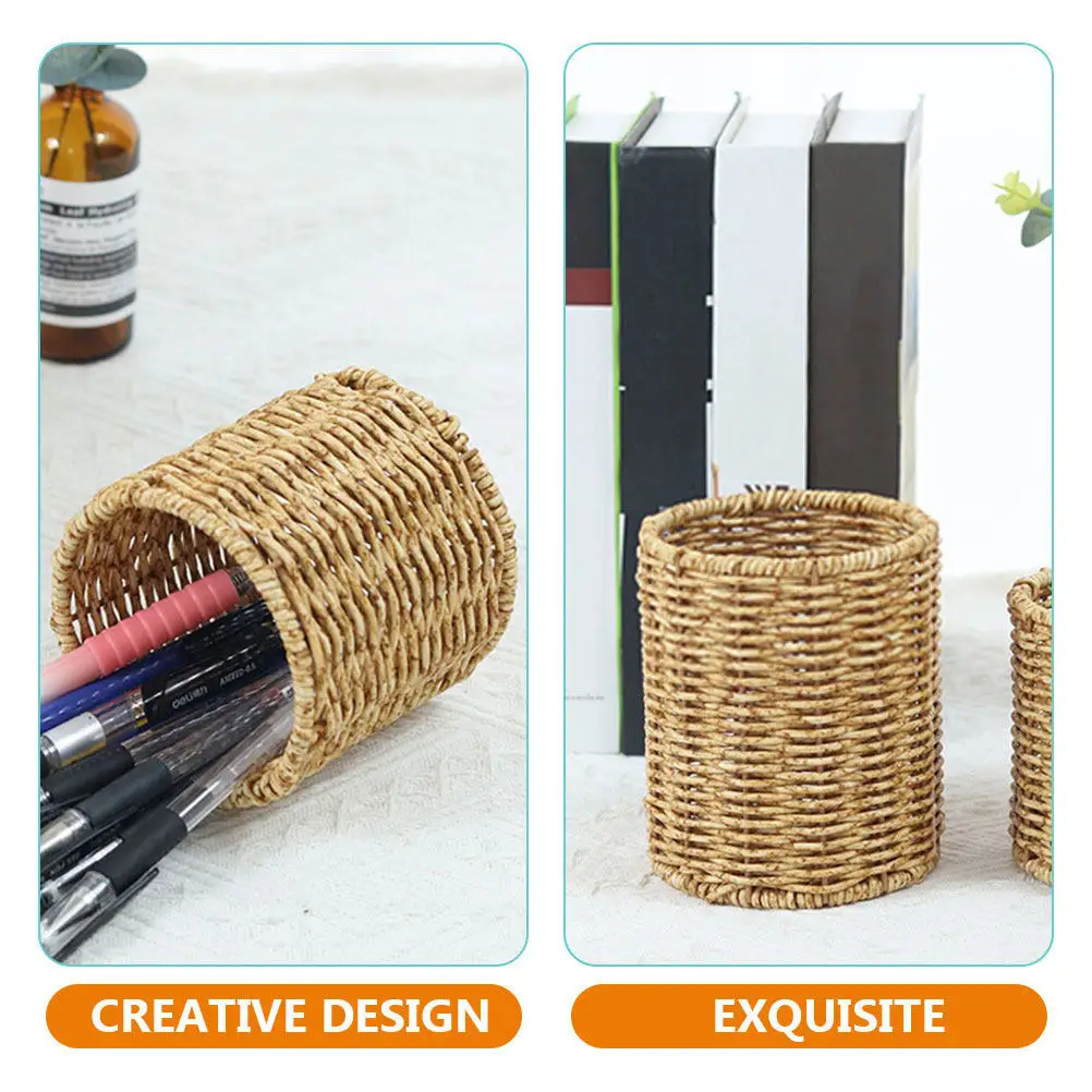 Imitation Rattan Woven Pen Holder Large Capacity Round Desktop Pencil Container Multifunctional Organizer for Office Study