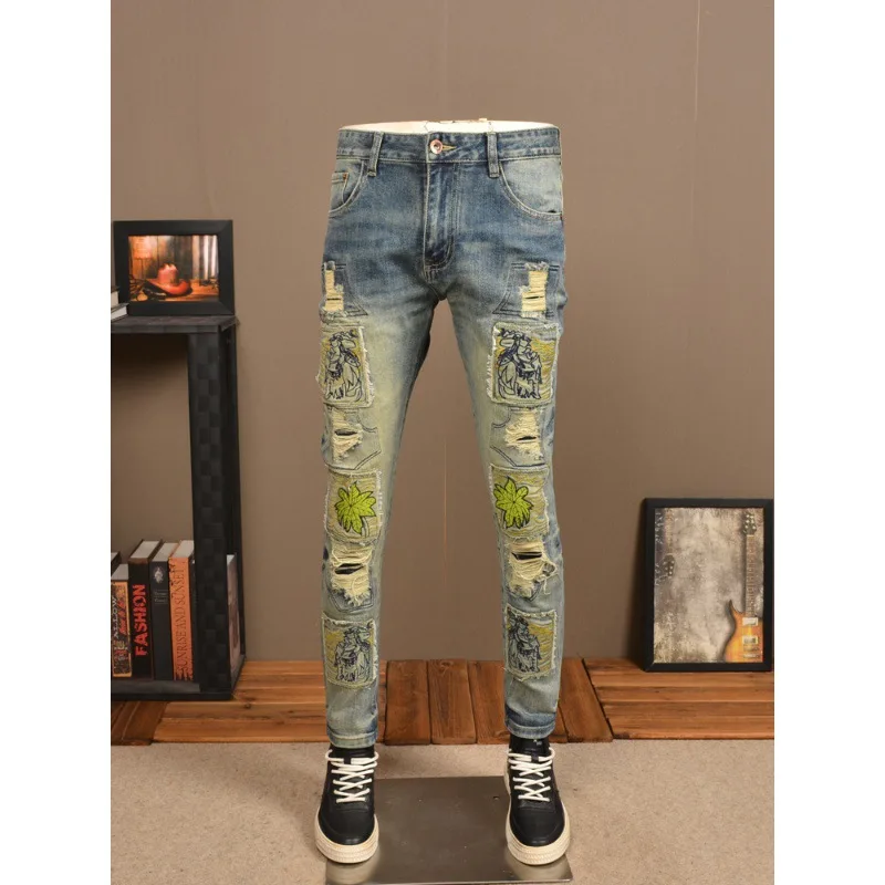 

Vintage Vintage Ripped Men'S Jeans Hipster Stretch Straight Fit High-End Embroidered Scratch Patch Casual Denim Pants