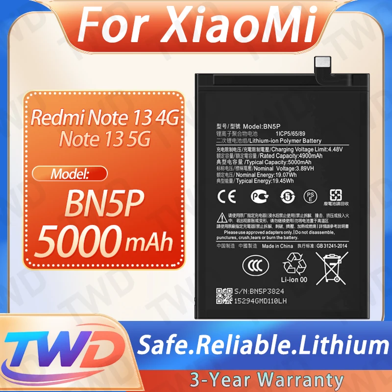 

Аккумулятор BN5P 5000 мАч для Xiaomi Redmi Note 13 5G / Note 13 4G, высококачественный литиевый аккумулятор + бесплатные инструменты