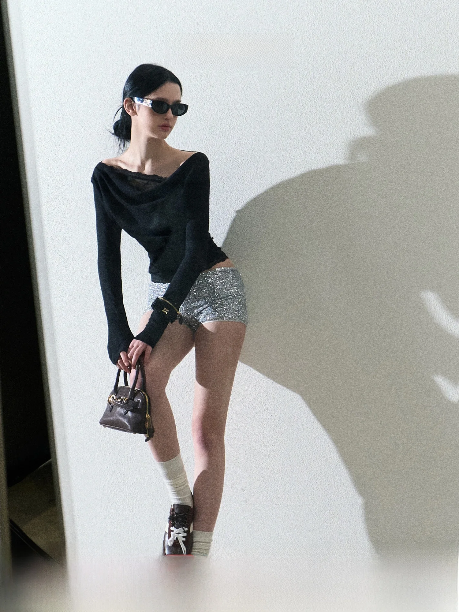 

OAKMOO Lace Hollow out Knitted Base Layer Top Women's Fake Two-Piece Slimming Design Commute Sle Long Sve Crew Ne