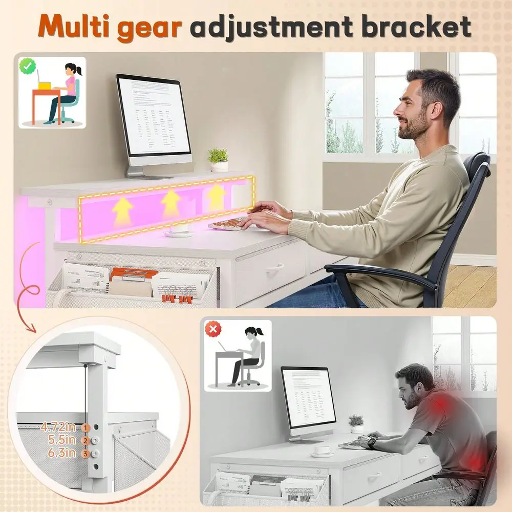 

31.5 D Office Desk With LED Strip Lights Ergonomic Monitor Stand 2 Fabric Drawers And Side Pocket Computer Desk For Bedroom,Off