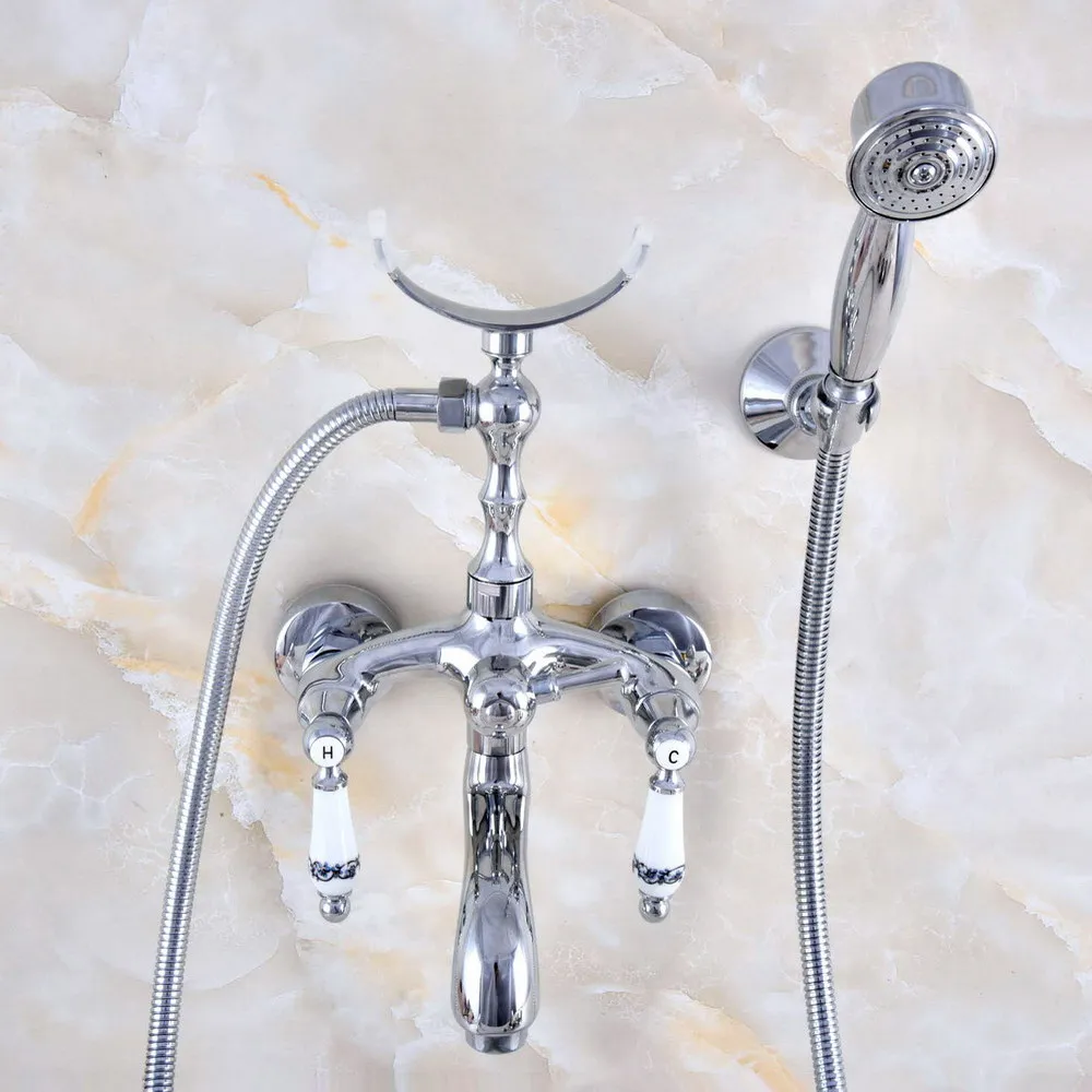 Chrome Brass Double Handle Wall Mounted Bathroom Tub Faucet Set with 150CM Hand Held Shower Spray Mixer Tap 2na748