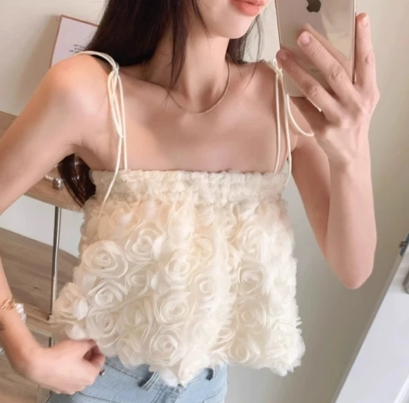 Women Chic sweet Gauze Three-dimensional Flower straps Slim Basic Sexy Fashion Sleeveless Tops Women summer Crop Top