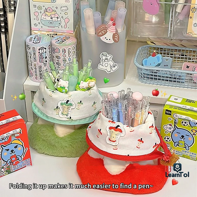 Cute Plush Fruit Core Pen Bag Two-sided Pattern Large Capacity Pencil Case Cartoon Stationery Organizer Creative Pen Container