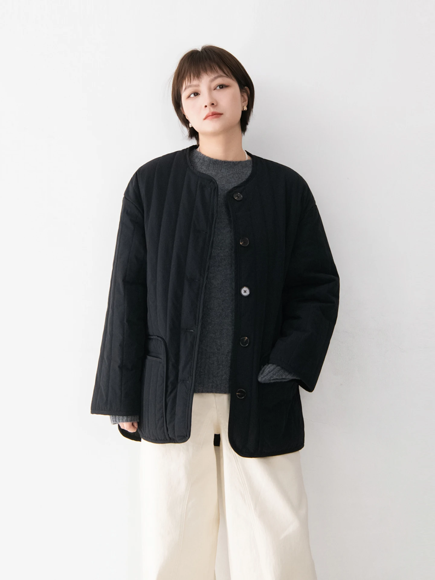 

New Snowy round Ne Vertical Stitch Cotton Warm Split Loose Women's Pure Color Japanese Sle Simple Cotton Jaet