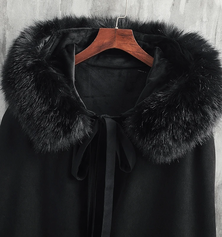 Chinese Style Men's Embroidery Big Fur Collar Fleece-Lined Thickened Cape Cloak New Costume Coat Han Clothing