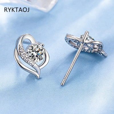 925 Sterling Silver Heart Shape Stud Earrings for Women Round Cubic Zirconia Twisted Curve Design Earrings Wedding Jewelry Gift