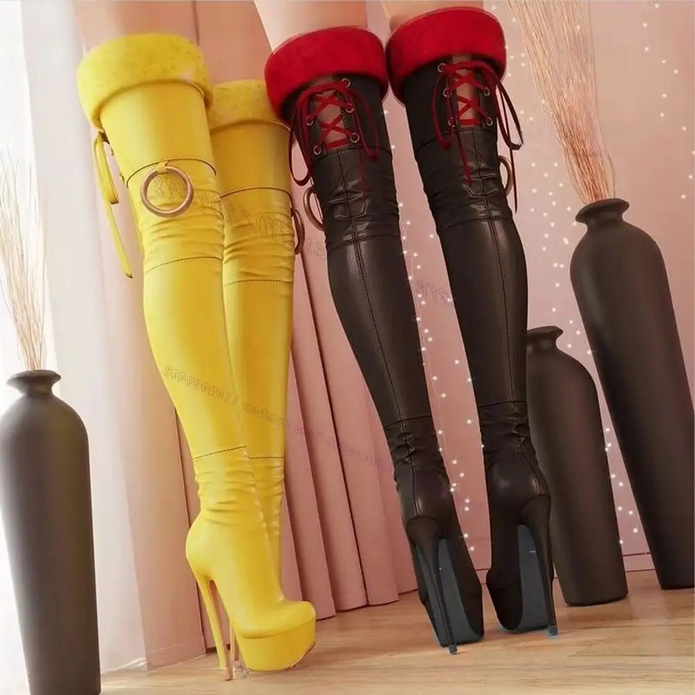 

Cross Tied Fluffy Decor Platform Boots Metal Ring Matte Leather Shoes for Women Thin High Heels Shoes 2023 Zapatos Para Mujere