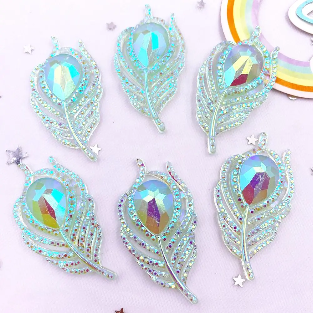 6PCS Glitter AB Resin Noctilucent 3D Big Peacock Feathers Flatback Rhinestone Scrapbook DIY Wedding Applique Gem Crafts L699