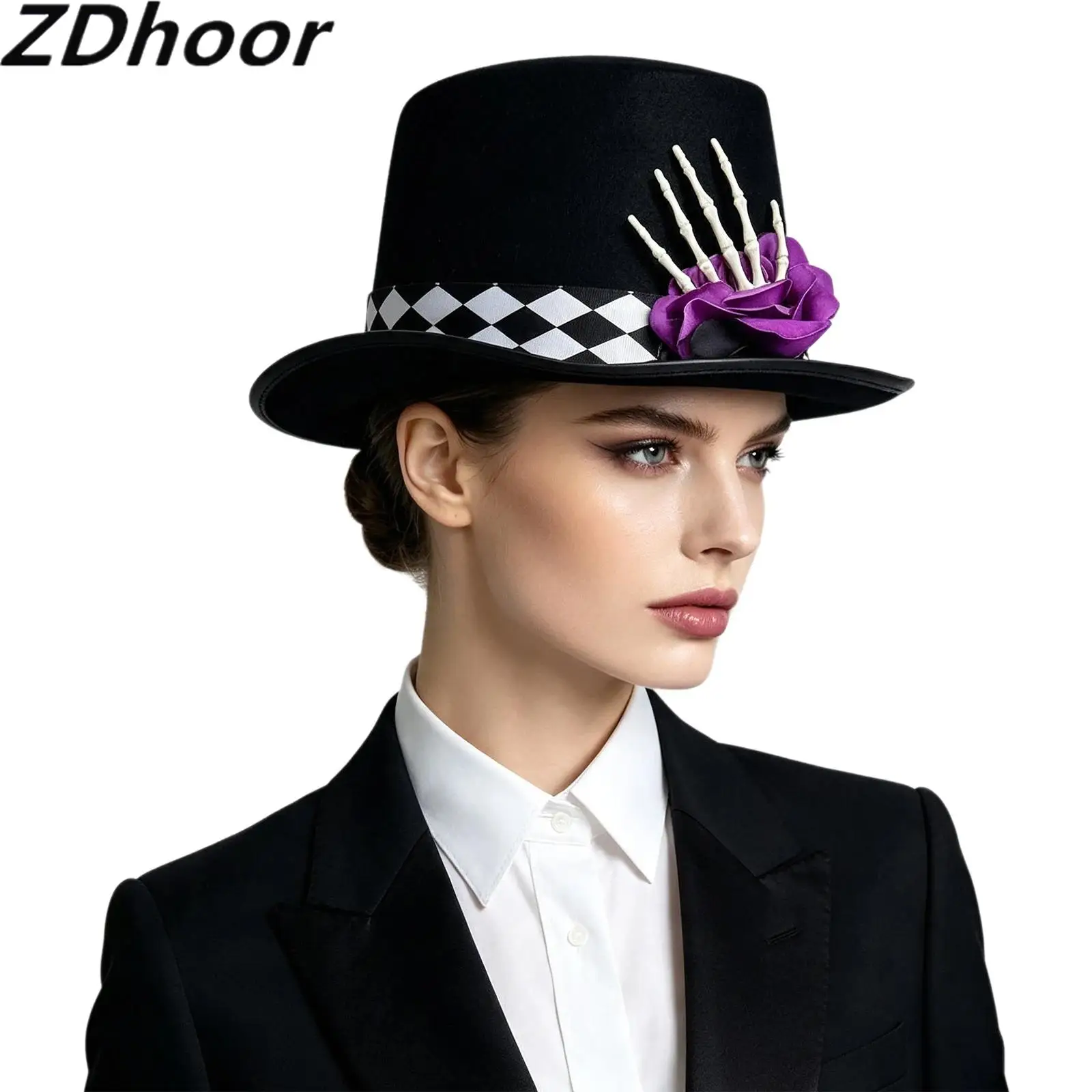 Adults Gothic Tall Top Hat 3D Flower Decor Checkerboard Ribbon Spooky Clown Hat Halloween Costume Accessory for Masquerade