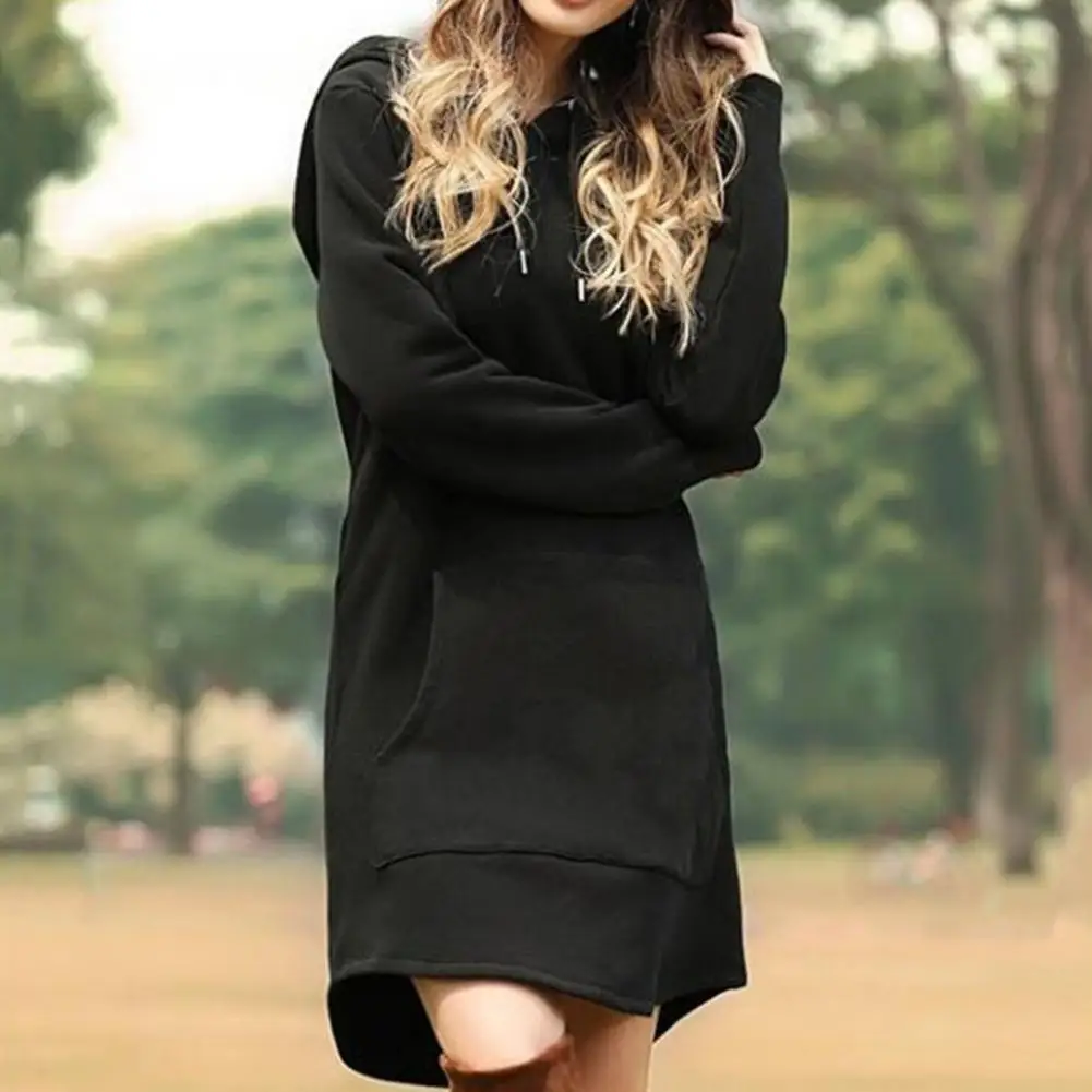 Winter Solid Color Dress Cozy Plus Size Hooded Mini Dress with Drawstring Patch Pockets for Fall Winter Loose Fit Solid Color
