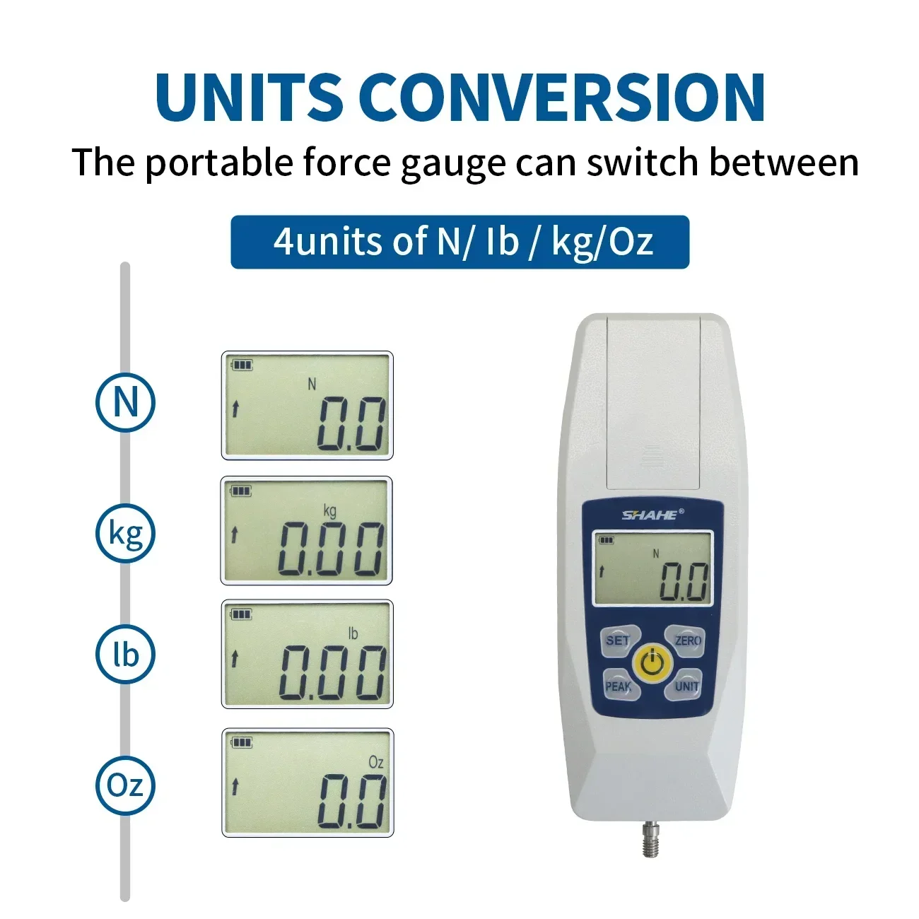 Shahe Digital Force Gauge Push and Pull Tester Meter Dynamometer with 4 Units Portable Storage Case Backlit LCD Auto Power-Off