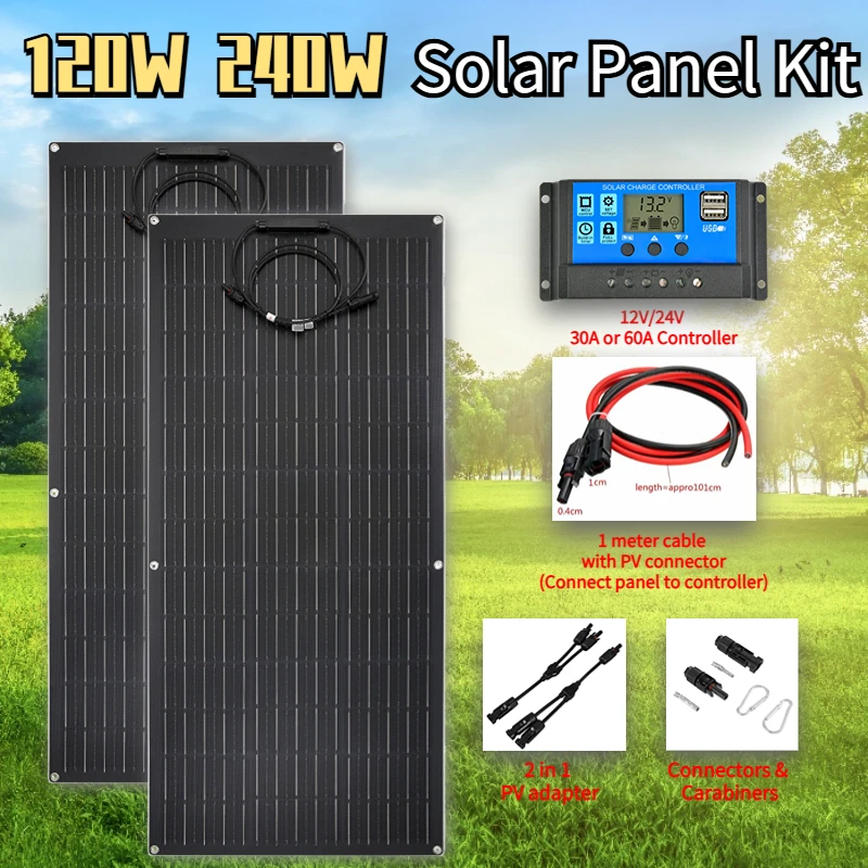 Flexible Solar Panel Kit 120 Watt PV Module 240 Watt 12V/24V Solar Cable Cell for Home Outdoor Car Boat Battery Camping Trip