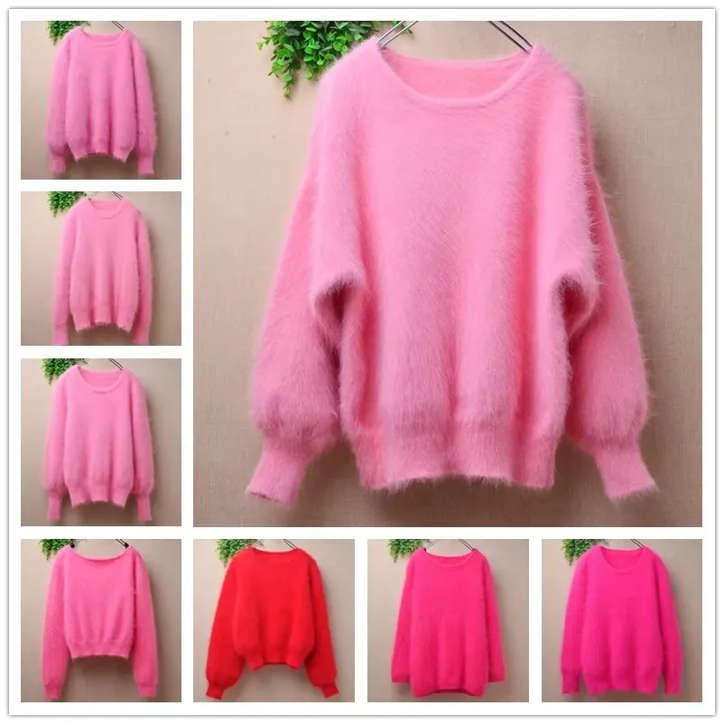 04 ropa de Otoño Invierno para mujer, dulce Rosa, pelo de conejo Angora tejido con cuello redondo, blusas ajustadas de manga larga, Jersey, suéter, Top