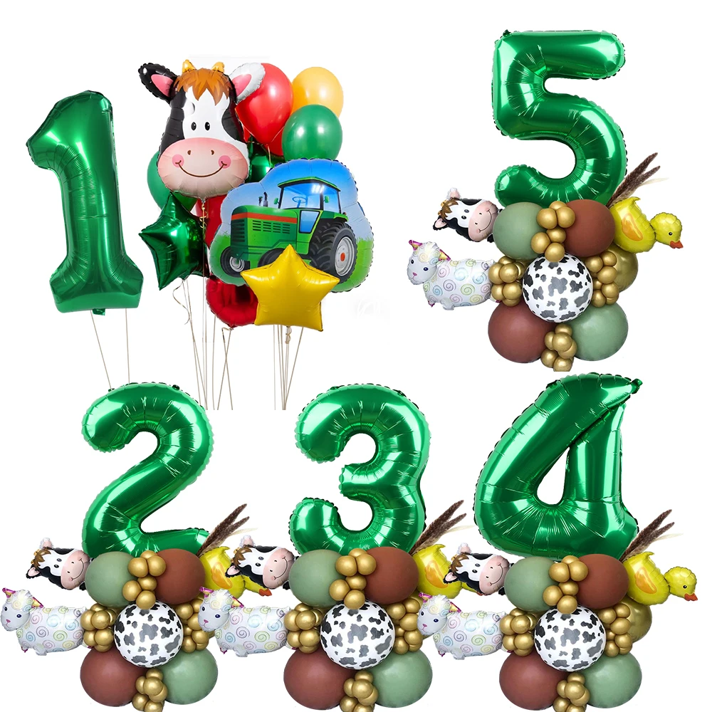 1Set Farm Tractor Animal Balloon Tower 32inch Green Number Balloon for Kids Farm Animal Birthday Boy's DIY Party Decoration