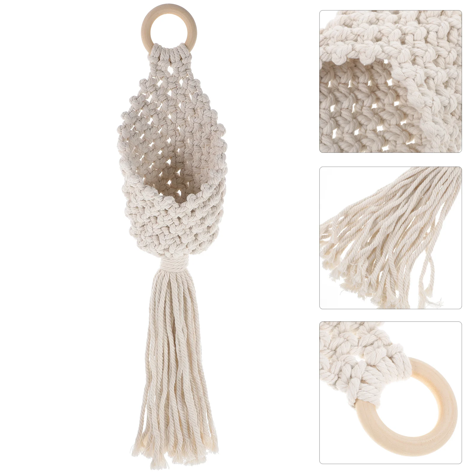 

Hand-Made Macrame Hanging Basket Water-Drop Shaped Premium Wood Cotton Rope Fruit Vegetable Organizer Bohemia Style Kitchen