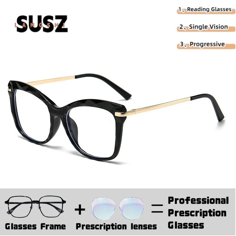 LS-SUSZ Cat Eye Titanium Legs Reading Glasses Women Blue Light Blocking Myopia Glasses Anti-Reflective Texture Hyperopia Glasses