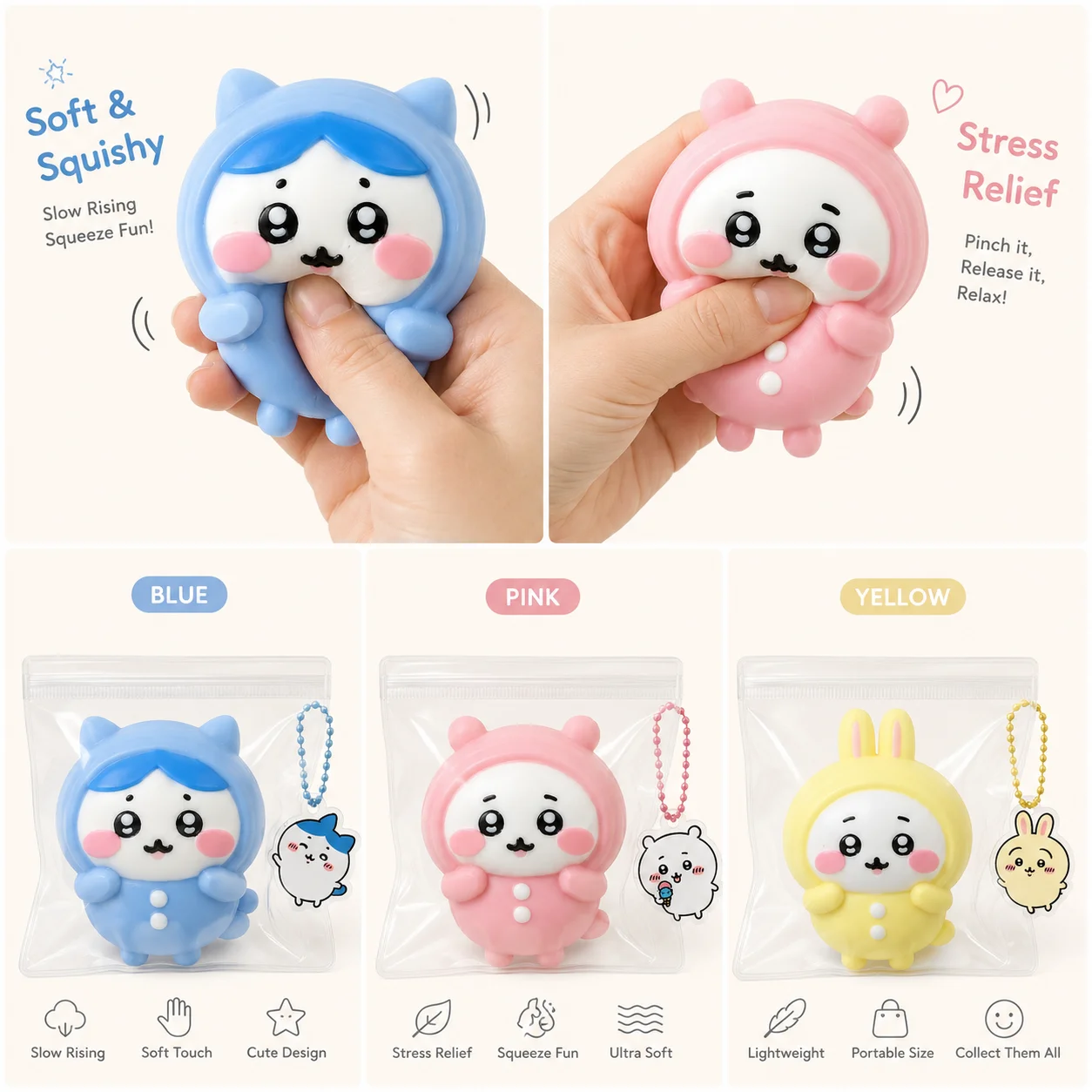 Chiikawa Pajamas Series Squishy Toy Cute Cartoon Slow Rising Squeeze Fidget Toy Stress Relief Decompression Toy Pendant Ornament