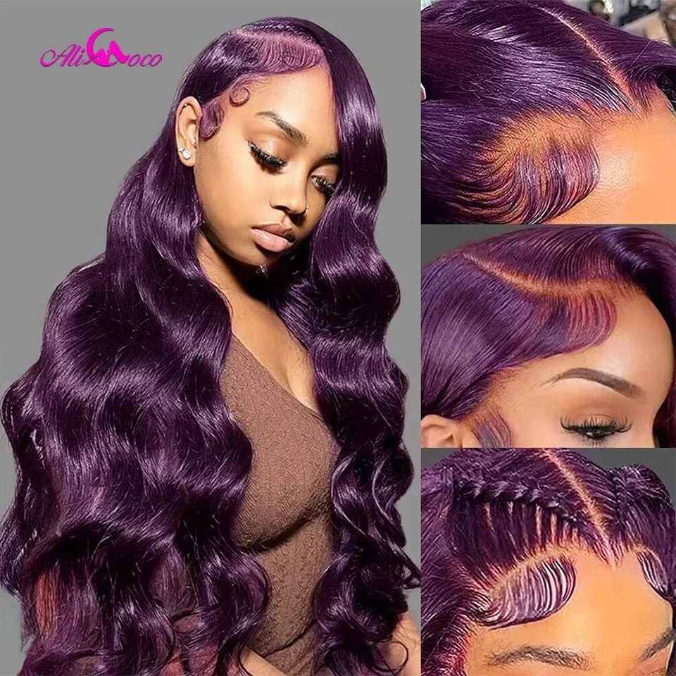 Dark Purple 13x4 Body Wave Lace Front Wigs Human Hair 180% Density Deep Smokey Purple Body Wave Wigs for Women Pre Plucked