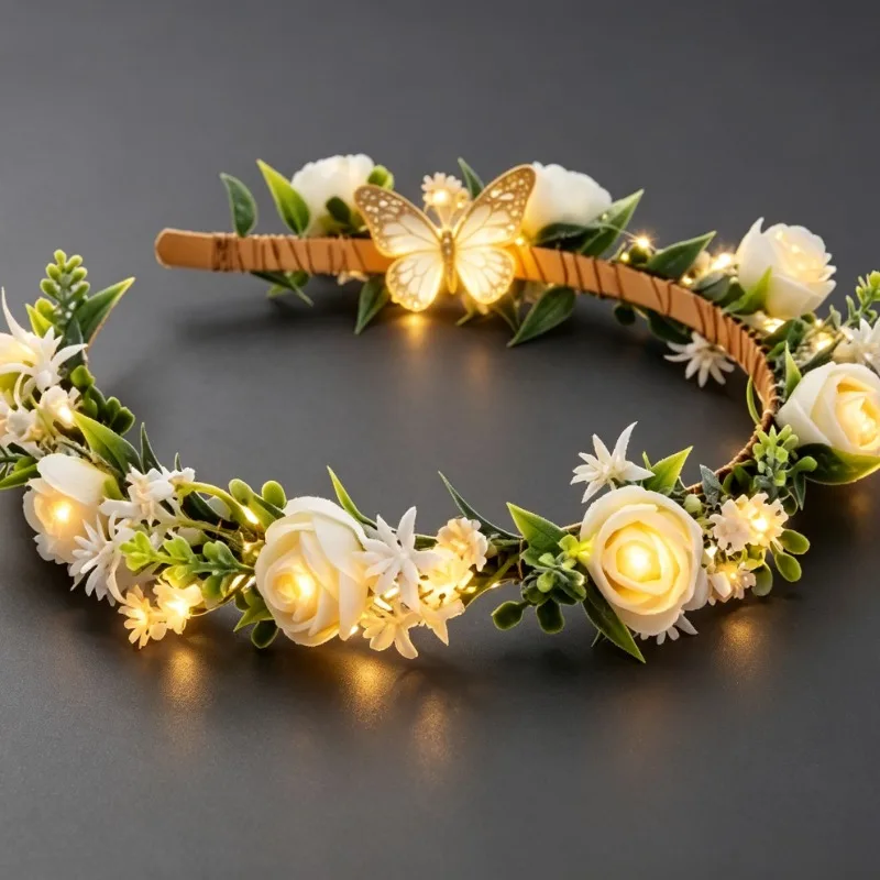 Led Light Up Artificial Rose Flower Headband, Black Gothic Lace Hair Hoop for Women, Luminous CROWN Headpiece, Halloween Vampire 4