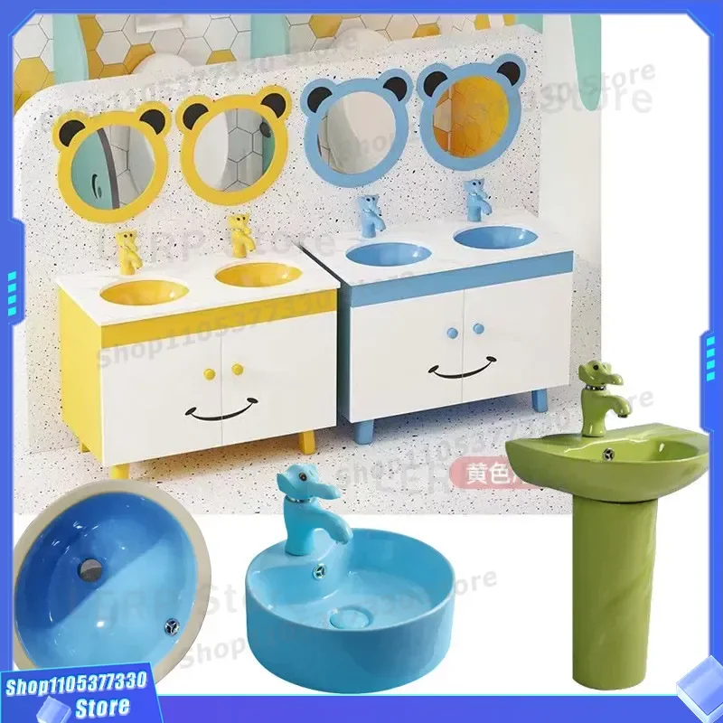 Cute Round Ceramic Washbasin for Kids Kindergarten Undercounter Basin Colorful Children Sink Platform Mother Child Bathroom
