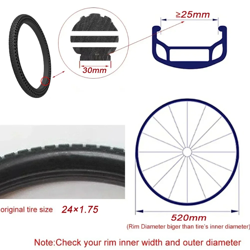 24x1.75 Honeycomb Tire Bicycle Solid Tyre Non Inflation Bike Tire 24 Inch Cycling Explosion Proof BMX Solid Tyre