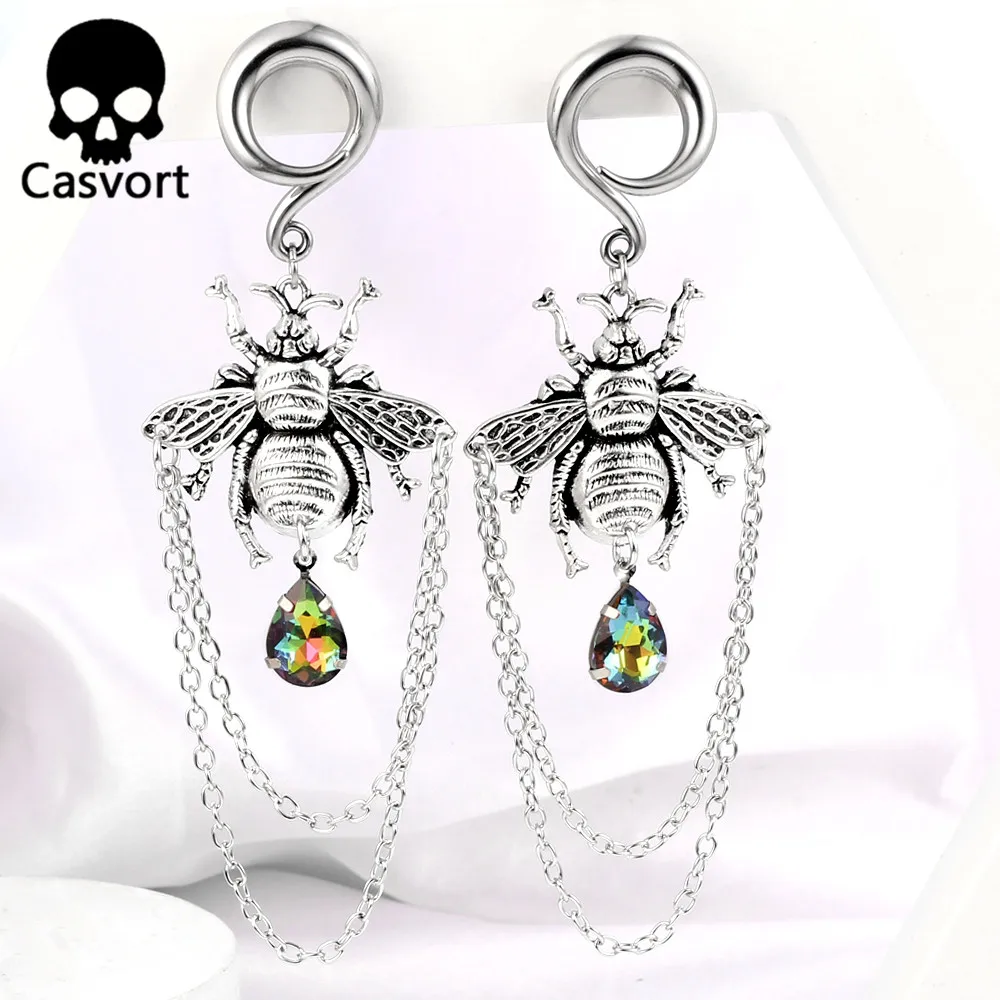 Casvort 2PCS Vintag Golden Bee Ear Weight Hangers Earrings Hook Dangle Stretcher Women Piercing Body Jewelry Expander